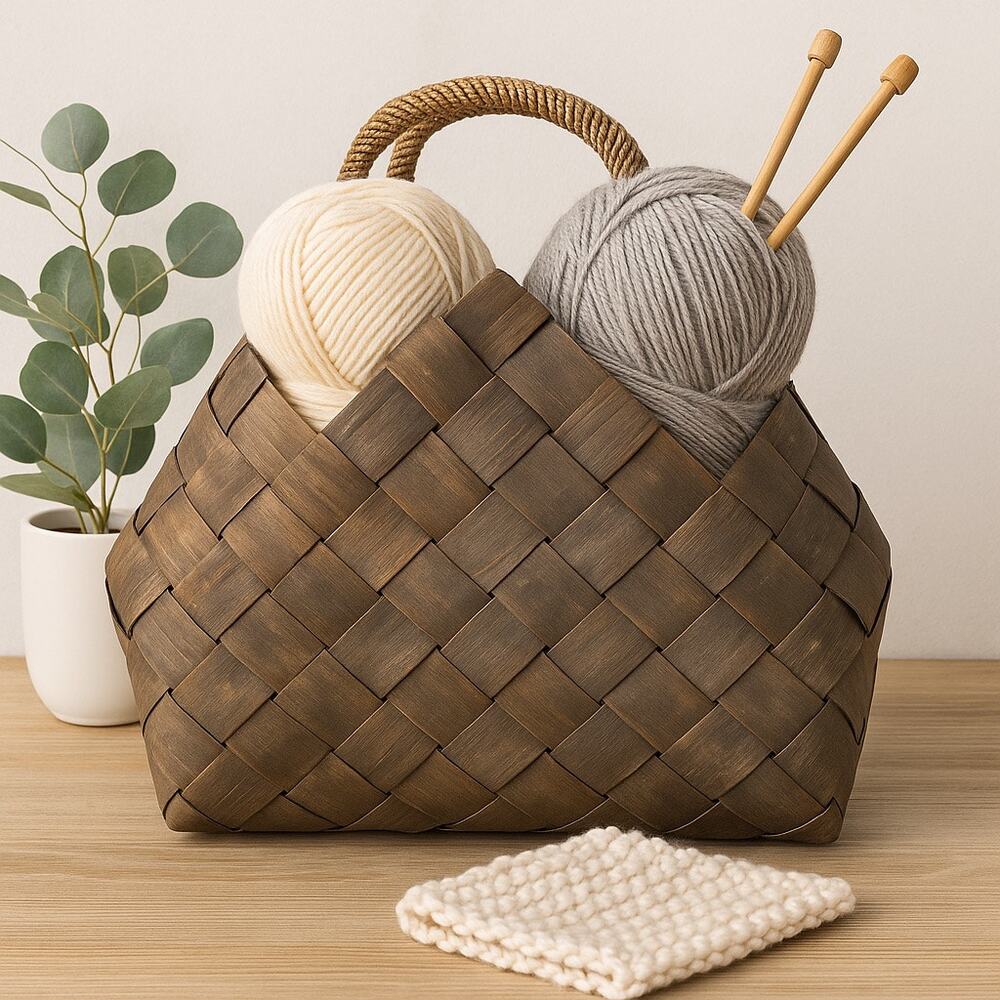 Rustic Flax Woven Basket Dark Wood Tote Farmhouse Decor Bag Purse w/ Handles
